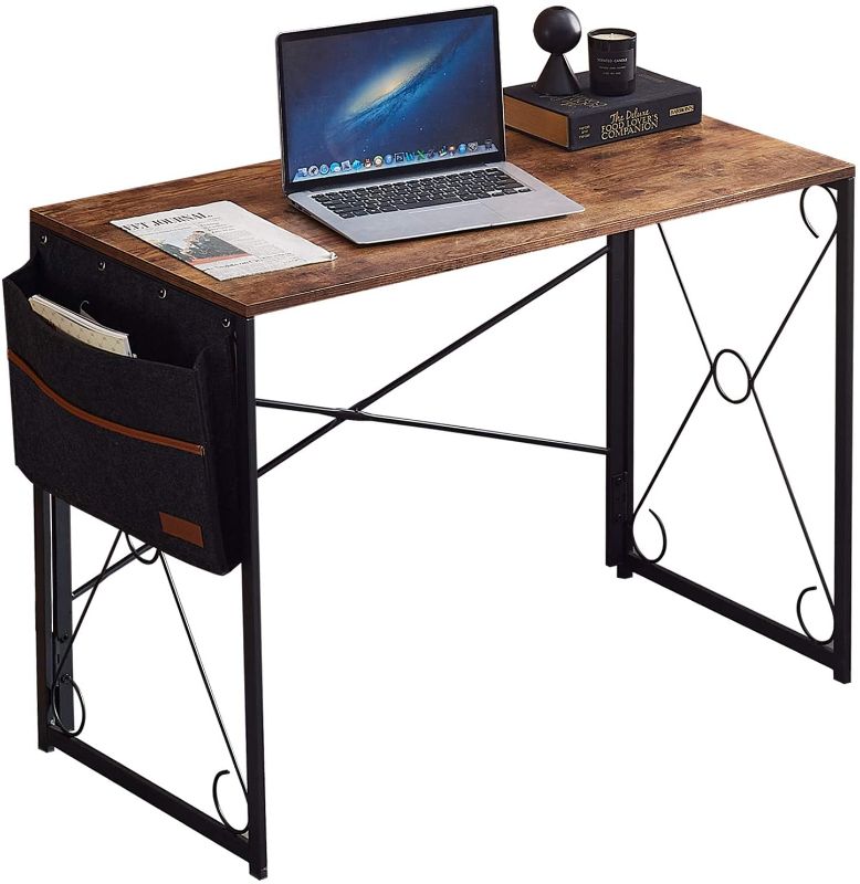 Photo 1 of VECELO Writing Computer Folding Desk/Sturdy Steel Laptop Table with Storage Bag for Home Office Work, Rustic Brown
