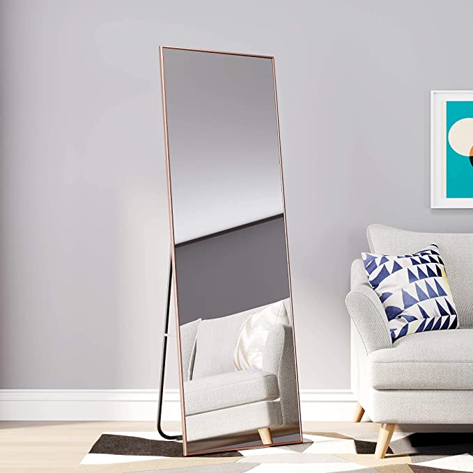 Photo 1 of  Full Length Mirror, Floor Mirror Dressing Mirror with Standing Holder Wall Mounted Mirror Framed Mirror for Cloakroom/Bedroom/Living Room (63"x19", Rose Gold)