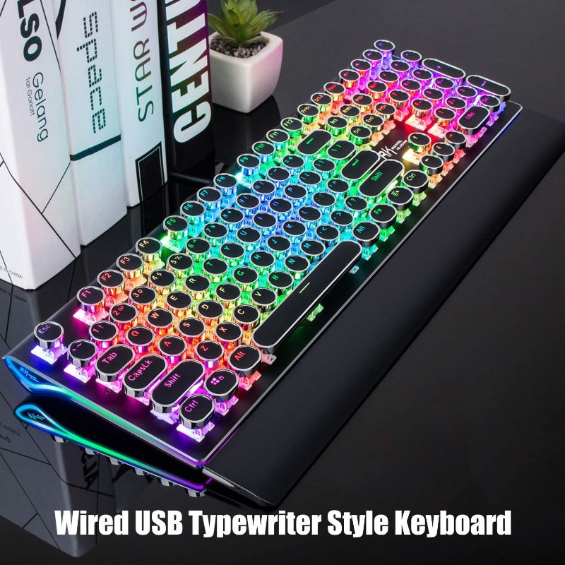 Photo 1 of RK ROYAL KLUDGE Typewriter Style Mechanical Gaming Keyboard with True RGB Backlit Collapsible Wrist Rest 108-Key Blue Switch Retro Round Keycap, Black
