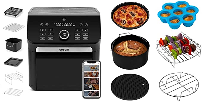 Photo 1 of COSORI Air Fryer Toaster Oven Combo 7 Quart, 1800W, Black & Air Fryer Accessories, Set of 6 Fit for Most 5.8Qt and Larger Oven Cake & Pizza Pan, Metal Holder, Black
