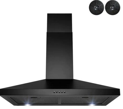 Photo 1 of 30 in. 217 CFM Convertible Black Painted Stainless Steel Wall Mount Range Hood with LED and Carbon Filters
