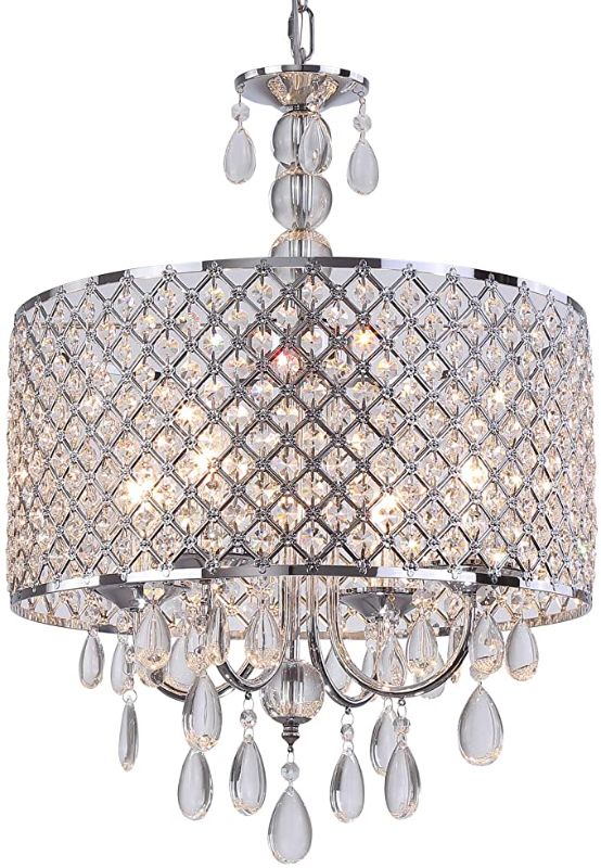 Photo 1 of Q&S Modern Crystal Chandelier Light Fixture,Farmhouse Chrome Metal Round Pendant Hanging Lighting Perfect for Kitchen Island Dining Room Living Room Foyer Entryway Bedroom ,E12 4-Lights
