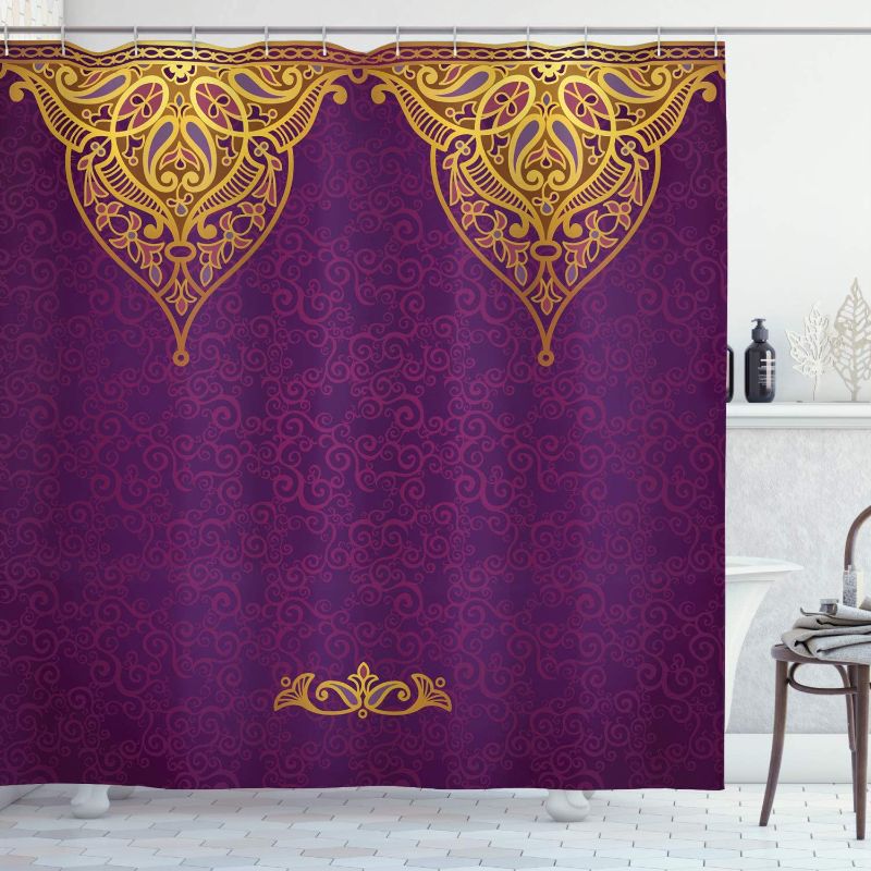 Photo 1 of Ambesonne Purple Shower Curtain, East Oriental Royal Palace Patterns with Bohemian Style Art Traditional Wedding, Cloth Fabric Bathroom Decor Set with Hooks, 69" W x 75" L, Purple Yellow
