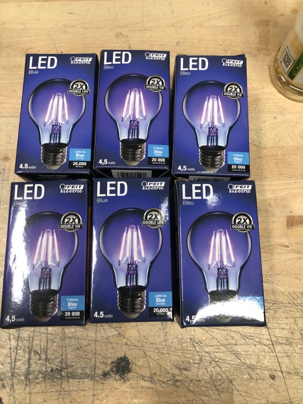 Photo 2 of Feit Electric
25-Watt Equivalent A19 Medium E26 Base Dimmable Filament Blue Colored LED Clear Glass Light Bulb (6-Pack)