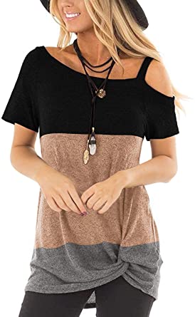 Photo 1 of TEMOFON Women's Shirtm s Cold Shoulder Tops Summer Short Sleeve Casual Twist Knot Blouse T-Shirt 
- Size Medium // Minor hole (See photos) 