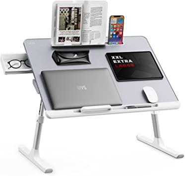 Photo 1 of SAIJI Adjustable Laptop Stand for Bed, Foldable Laptop Table with Storage Drawer for Eating, Working, Writing, Gaming, Drawing (Gray, X-Large), 23.6 x 17.7 in
