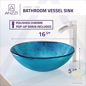 Photo 1 of ANZZI Accent Modern Tempered Glass Vessel Bowl Sink in Blue Ice | Aqua Top Mount Bathroom sinks above Counter | Round Vanity countertop Sink Bowl with Pop Up Drain | LS-AZ047
