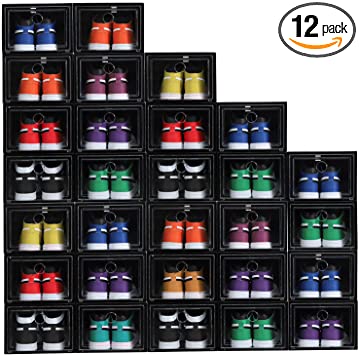 Photo 1 of 12 Pack Shoe Storage Box Shoe Box Clear Plastic Stackable Drop Front Shoe Organizer Space Saving Foldable Shoe Container Bin Fit up to US Size 12 (Black)
