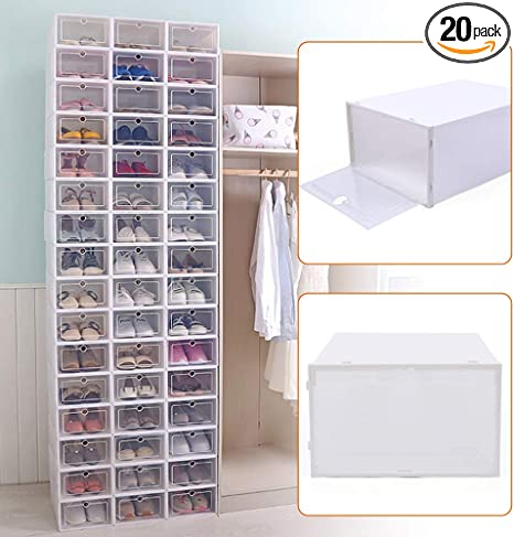 Photo 1 of 20 PCS Shoe Storage Boxes,Clear Plastic Clamshell Shoebox Stackable Shoe Organizer Foldable Display Box Container Closet Shelf Shoe Organizer,Need to Assemble (Angel White Large Round Holes)

