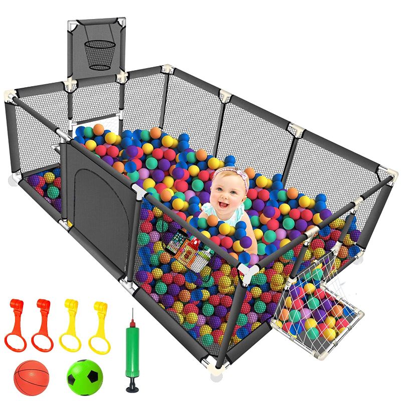 Photo 1 of Baby Ball Pit for Toddlers - Large Gate Playpen for Babies, Sturdy Play Yard W/ Basketball Hoop, Indoor & Outdoor Kids Activity Center Children's Fence with Breathable Mesh,Grey (No Ocean Balls)
