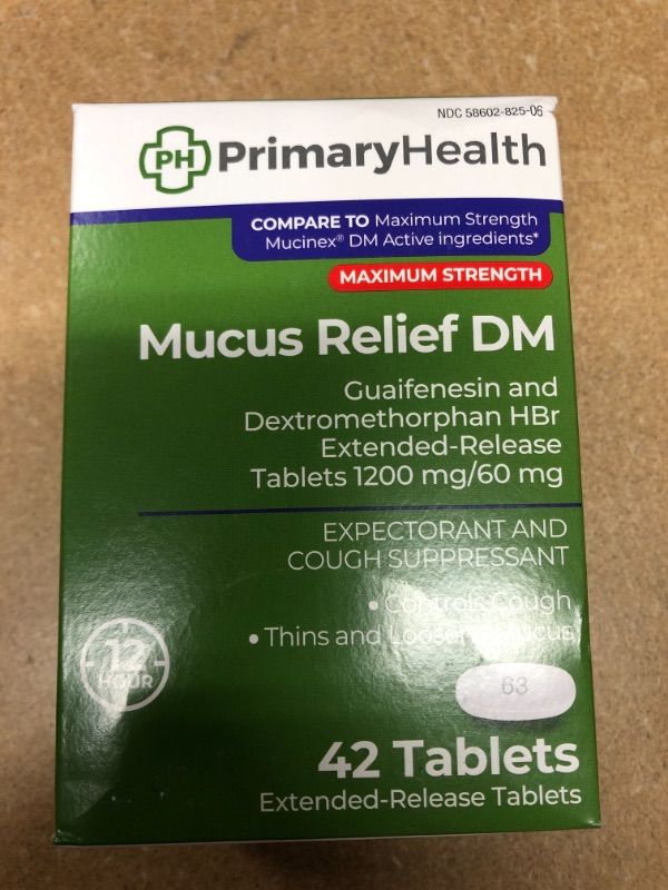 Photo 2 of EXPIRES 05-2022, Primary Health Mucus Relief DM Maximum Strength Dextromethorphan 60mg, Guaifenesin 1200mg, Extended-Release Tablets, 42Count NOT REFUNDABLE.
