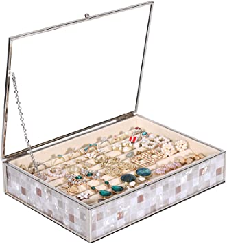 Photo 1 of Clear Glass Jewelry Box with Velvet Tray, Modern Jewelry Organizer with Lid,