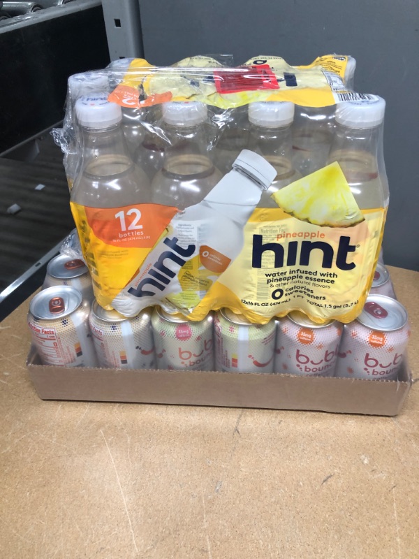 Photo 3 of ***NON-REFUNDABLE***
BEST BY 4/12/22
Bubly Bounce Caffeinated Sparkling Water, 3 Flavor Variety Pack, 12oz Cans, 18.0 Count
BEST BY 3/2/23
Hint Water Pineapple (Pack of 12), 16 Ounce Bottles,