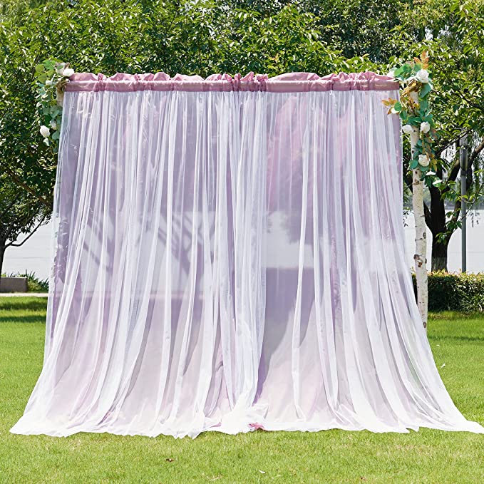 Photo 1 of NICETOWN Mauve Sheer Overlapped with White Tulle Backdrop Curtains for Wedding Arch Baby Shower Parties, Stage Backdrop Dessert Table Background Photography Decorations (55" W x 108" L, 2 Panels)
