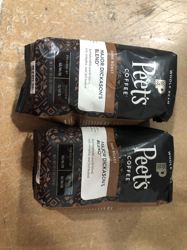 Photo 2 of **FRESHEST BY 03-10-22**Peet's Coffee, Dark Roast Whole Bean Coffee - Major Dickason's Blend 10.5 Ounce Bag 2-PACK
