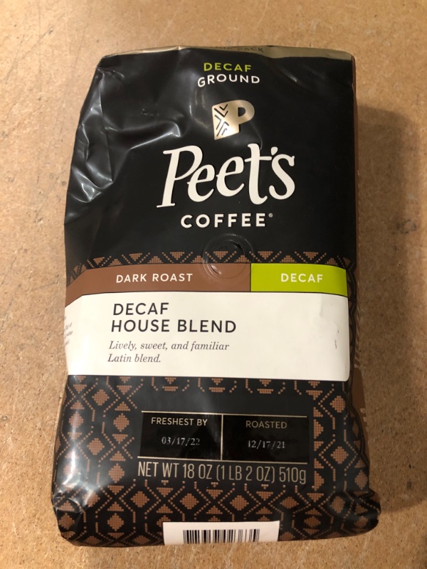 Photo 2 of **FRESHEST BY 03-17-22**Peet's Coffee, Dark Roast Decaffeinated Ground Coffee - Decaf House Blend 18 Ounce Bag
