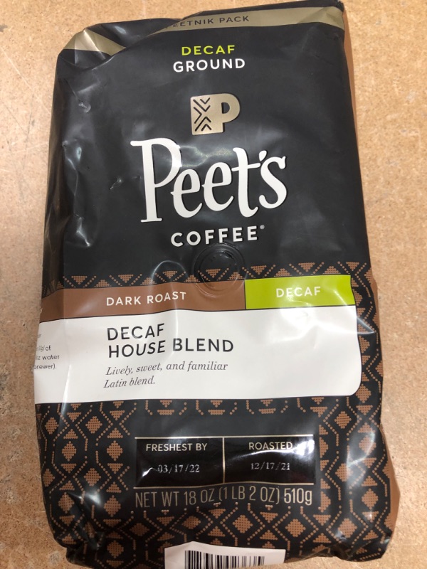 Photo 3 of **BEST BY 03-17-22**Peet's Coffee, Dark Roast Decaffeinated Ground Coffee - Decaf House Blend 18 Ounce Bag
