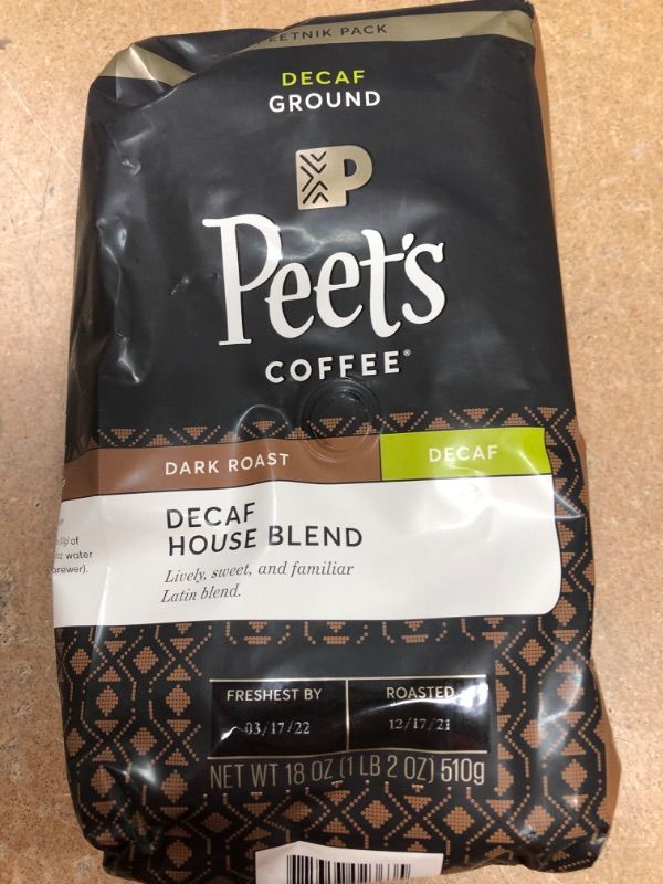 Photo 3 of **BEST BY 03-17-22**Peet's Coffee, Dark Roast Decaffeinated Ground Coffee - Decaf House Blend 18 Ounce Bag