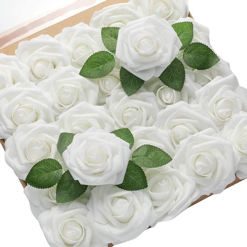 Photo 1 of packs of 2**Emopeak Artificial Flowers, 25Pcs Dainty Rose Artificial Wedding Fake Flowers Combo with Stem/Leaves for DIY Wedding Bouquets Centerpieces Floral Home Party Decorations (White, 25 Pcs)
