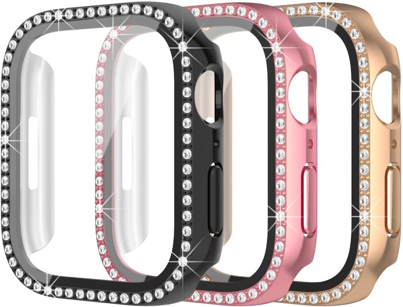 Photo 1 of [3 Pack] Bling Case Compatible with Apple Watch Series 7 41mm with Tempered Glass Screen Protector, Full Coverage Crystal Diamond Cover for iWatch 7 41mm Accessories (Black/Pink/Rose Gold) - 3 PACK 
SOLD AS IS; NO REFUNDS