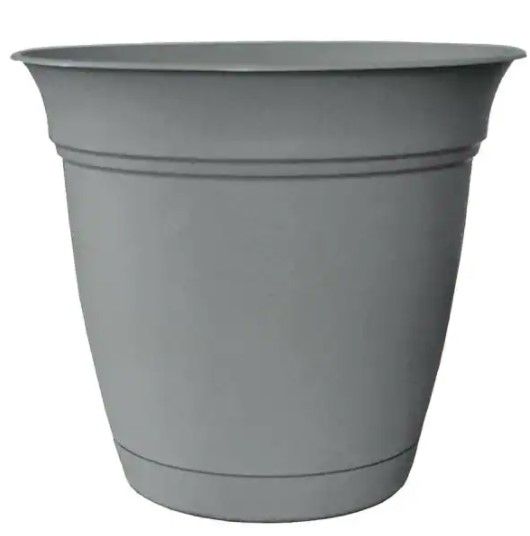 Photo 1 of ( 4 ) Belle 12 in. Dia. Stormy Gray Plastic Planter with Attached Saucer
