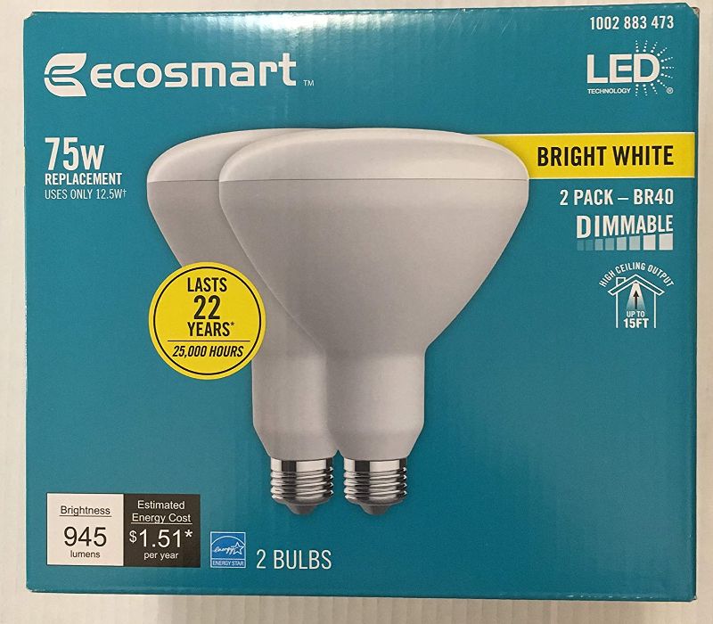 Photo 1 of EcoSmart 75-Watt Equivalent BR40 Dimmable Energy Star LED Light Bulb Bright White (2-Pack) New Model