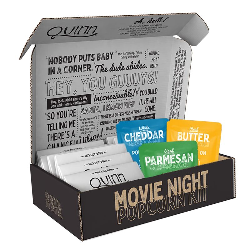 Photo 1 of **expire date:11/10/22**NON REFUNDABLE** Quinn Movie Night Popcorn Variety Gift Kit, 3 Flavors - Real Butter, Parmesan & Rosemary, Non-Gmo, Organic Popcorn Kernels (9 bags)
