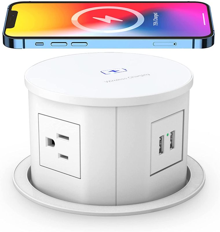 Photo 1 of Automatic Pop up Power Outlet with 10W Wireless Charger,Pop up Electrical Outlets for Countertops,4.7'' Diameter Round Pop Up Counter Outlet with 4 Outlets,2 USB,Hidden Outlet,Pop Out Outlet