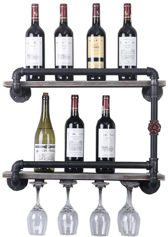 Photo 1 of **MINOR DAMAGE* MISING HARDWARE* Rustic Wine Glass Rack Wall Mounted with 4 Stem Glass Holder,Industrial Pipe Hanging Wine Racks,24in Wall Shelf Metal Wine Glass Rack Wine Holder
