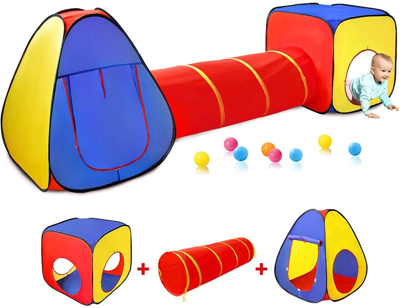 Photo 1 of Kids Play Tent with Ball Pit+Crawl Tunnel+Castle Tent, Pop Up Toddlers Playhouse for Boys and Girls Gift, Collapsible Children Play Tent Toy Indoor and Outdoor Games (Colorful Fort)
