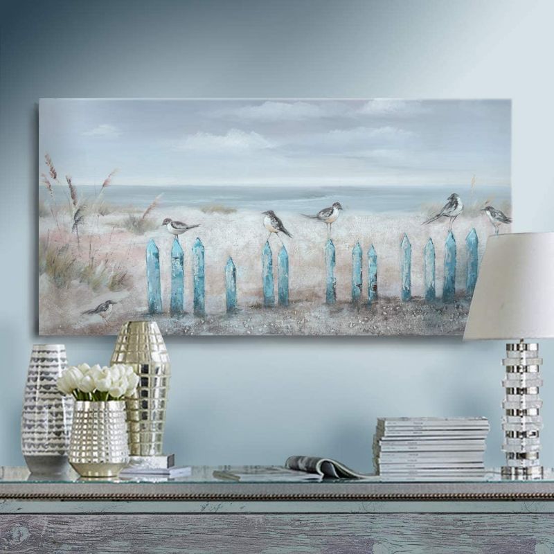 Photo 1 of **MINOR DAMAGE** Ocean Beach Wall Art 3D Framed Hand-Painted Seascape Oil Painting Perching Bird Canvas Artwork 'The Tranquility by The Sea Shore' for Living Room Bedroom Décor Coastal Blue 16x32inch
