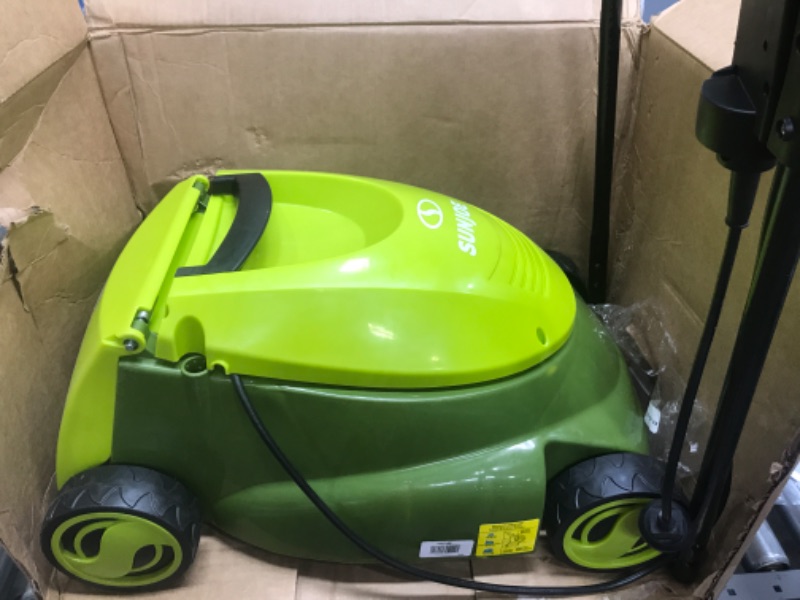 Photo 2 of **UNABLE TO TEST** Sun Joe MJ401C 14-Inch 28-Volt Cordless Push Lawn Mower, w/10.6-Gallon Collection Bag, 3-Position Height Adjustment, Safety Key, 14 inches, Green
