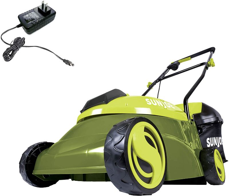 Photo 1 of ***DAMAGED** Sun Joe MJ401C 14-Inch 28-Volt Cordless Push Lawn Mower, w/10.6-Gallon Collection Bag, 3-Position Height Adjustment, Safety Key, 14 inches, Green
