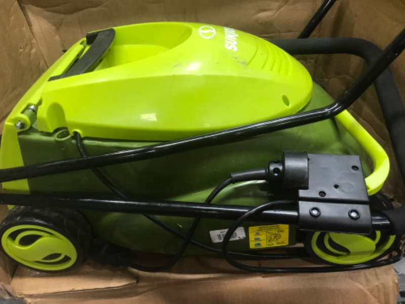 Photo 2 of ***DAMAGED** Sun Joe MJ401C 14-Inch 28-Volt Cordless Push Lawn Mower, w/10.6-Gallon Collection Bag, 3-Position Height Adjustment, Safety Key, 14 inches, Green
