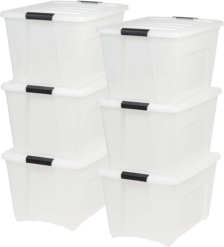Photo 1 of -damaged pcs 
IRIS USA 53 Qt. Plastic Storage Bin Tote Organizing Container with Durable Lid and Secure Latching Buckles, Stackable and Nestable, 6 Pack, Pearl with Black Buckle
