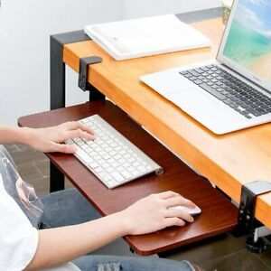 Photo 1 of Clamp-on Computer Keyboard and Mouse Under Desk Mount Slider Tray, 27 (33 Including Clamps) x 11 inch Pull Out Platform Drawer, Dark Wood Tray, Black Frame, 
