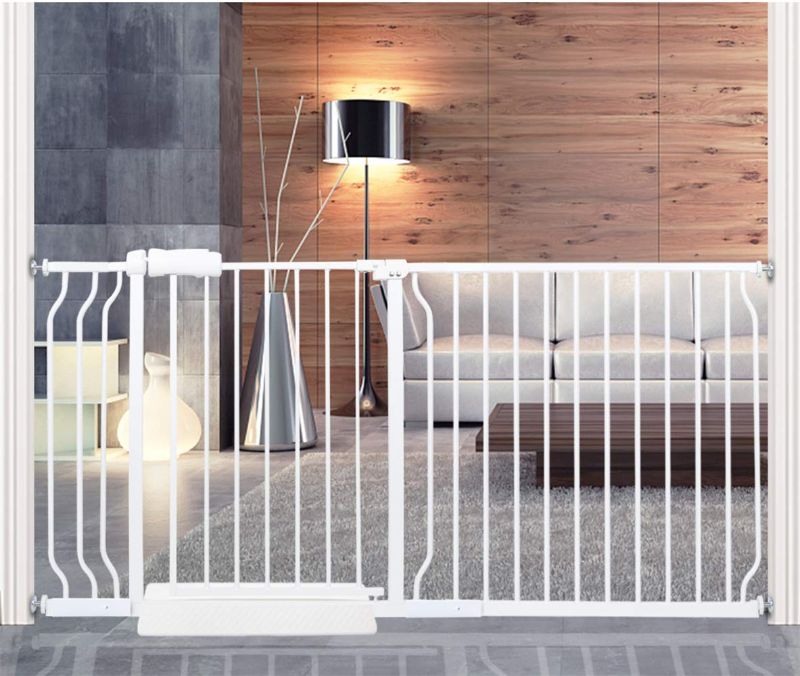 Photo 1 of HOOEN Extra Wide Baby Gate for Doorways Stairs Living Room Pressure Monuted Walk Through Safety Gate for Kids or Pets Dogs 62 Inch to 67 Inch Wide with Extensions
