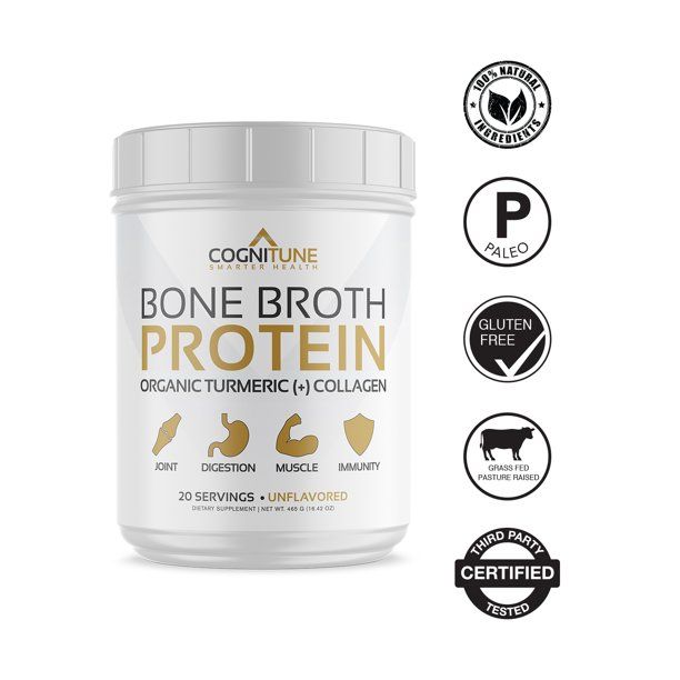 Photo 1 of *expiration date: 11/2023
COGNITUNE Bone Broth Protein Powder with Organic Turmeric & Collagen Peptides, Unflavored, 22g Protein, 20 Servings
