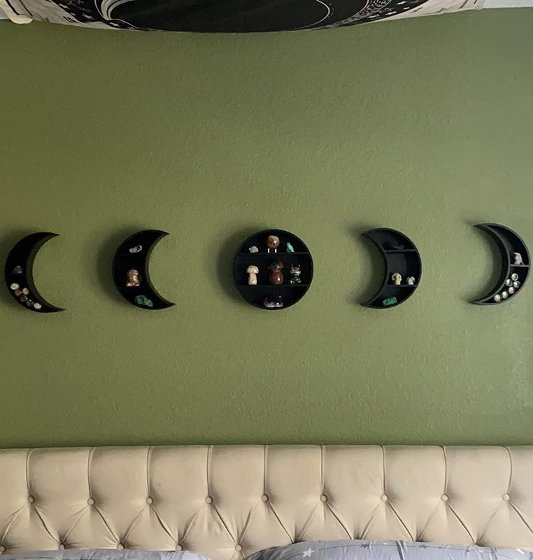 Photo 1 of 5 Pieces 10" Black Moon Phase Shelf Set, Solid Wood, Bed Sofa Wall Decor Storage Rack, Moon Decors Crystal Display Shelf, Boho Shelf Decor Moon Shelf, Crescent Floating Shelves, Witch Gift 2.2"D x 9.84"W x 9.84"H

