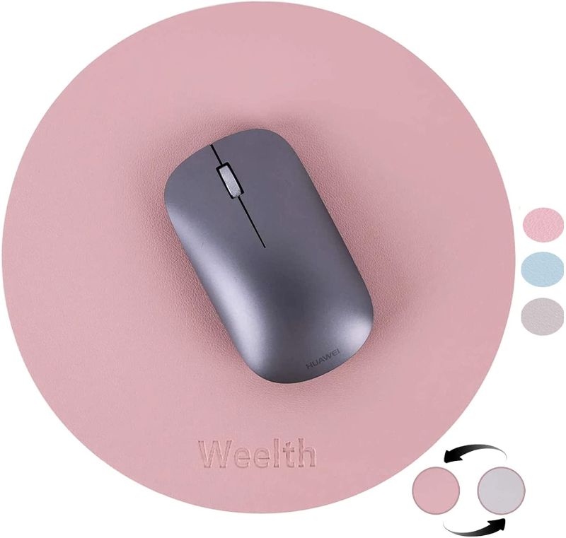 Photo 1 of 3 PACK Weelth Mouse Pad, Round Mousepad, Double-Sided PU Mouse Mat Ultra-Thin Leather Waterproof and Non-Slip for Office Home and Gaming, PINK GREY AND BLUE 
