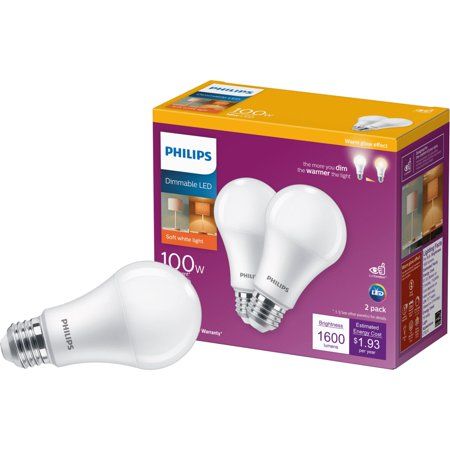 Photo 1 of Philips LED 100-Watt A19 General Purpose Light Bulb, Frosted Soft White Warm Glow, Dimmable, E26 Medium Base (2-Pack)
