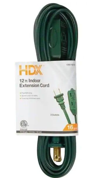 Photo 1 of HDX Green 12 Ft Indoor 3 Outlets 16 Gauge Polarized Extension Cord 4 pack 