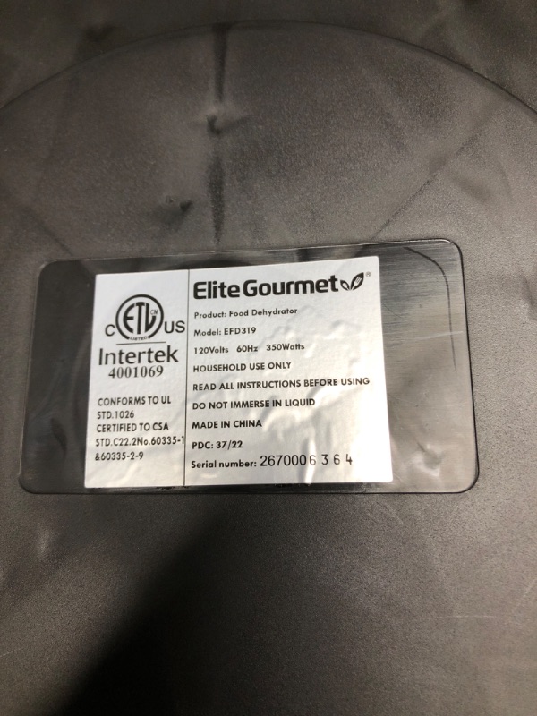 Photo 1 of (Tested) (See photo for damage) Elite Gourmet Food Dehydrator with Adjustable Temperature Dial, Black