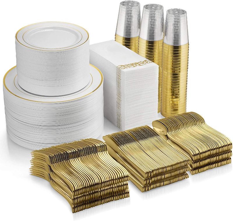 Photo 1 of (Some plates are damage) Munfix 700 Piece Gold Dinnerware Set - 200 Gold Rim Plastic Plates - 300 Gold Plastic Silverware - 100 Gold Plastic Cups - 100 Linen Like Gold Paper Napkins, 100 Guest Disposable Gold Dinnerware Set
