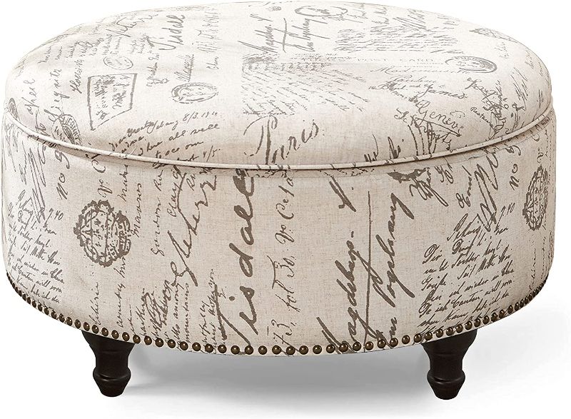 Photo 1 of  Upholstered 30" Round Storage Tufted Ottoman with Removable Lid, Beige
