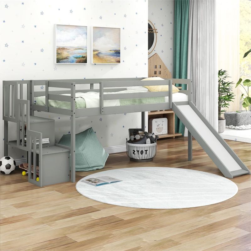 Photo 1 of  **INCOMPLETE BOX 1 OF 2 ONLY***Loft Bed with Slide and Stairs Twin Size Wood Loft Bed Frame with Storage for Kids Teens Girls Boys, Gray
