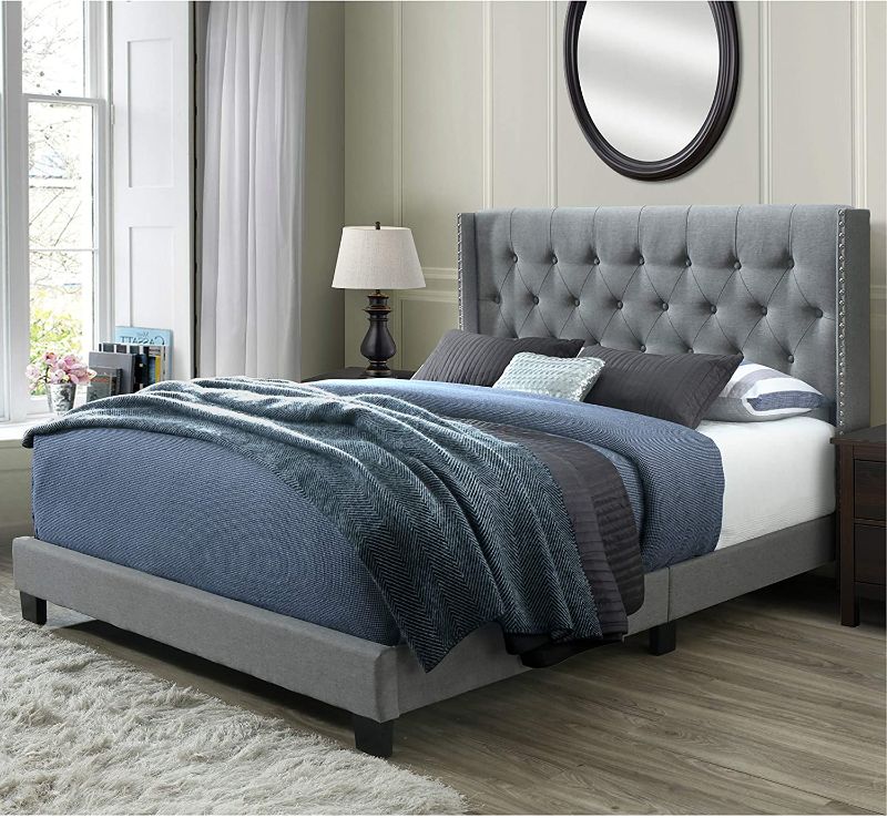 Photo 1 of ***INCOMPLETE BOX 2 OF 2 ONLY***Upholstered Panel Bed Frame with Diamond Tufted and Nailhead Trim Wingback Headboard, Queen Size in Gray Fabric

