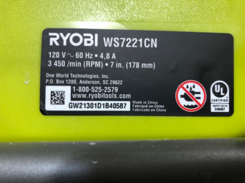 Photo 2 of Ryobi WS722 7 Inch 4.8 Amp Portable Tabletop Wet Tile Saw with Miter Guide and Induction Motor (New Open Box)