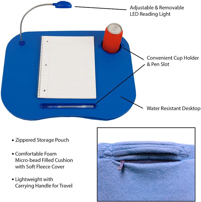 Photo 1 of Laptop Lap Desk, Portable with Foam Filled Fleece Cushion, LED Desk Light, Cup Holder-for Homework, Drawing, Reading and More by Lavish Home (Blue)
