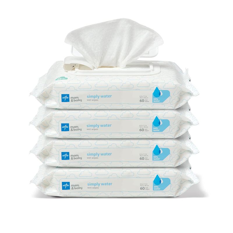 Photo 1 of **expires 10/2022** Medline Simply Water Baby Wipes, 99% Water Solution Wipes, 100% Plant-Based Bamboo Fiber Cloth, 4 Packs of 60 Count
